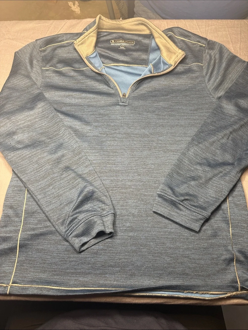 Pebble Beach Heathered Blue quarter zip with Tan Trim
